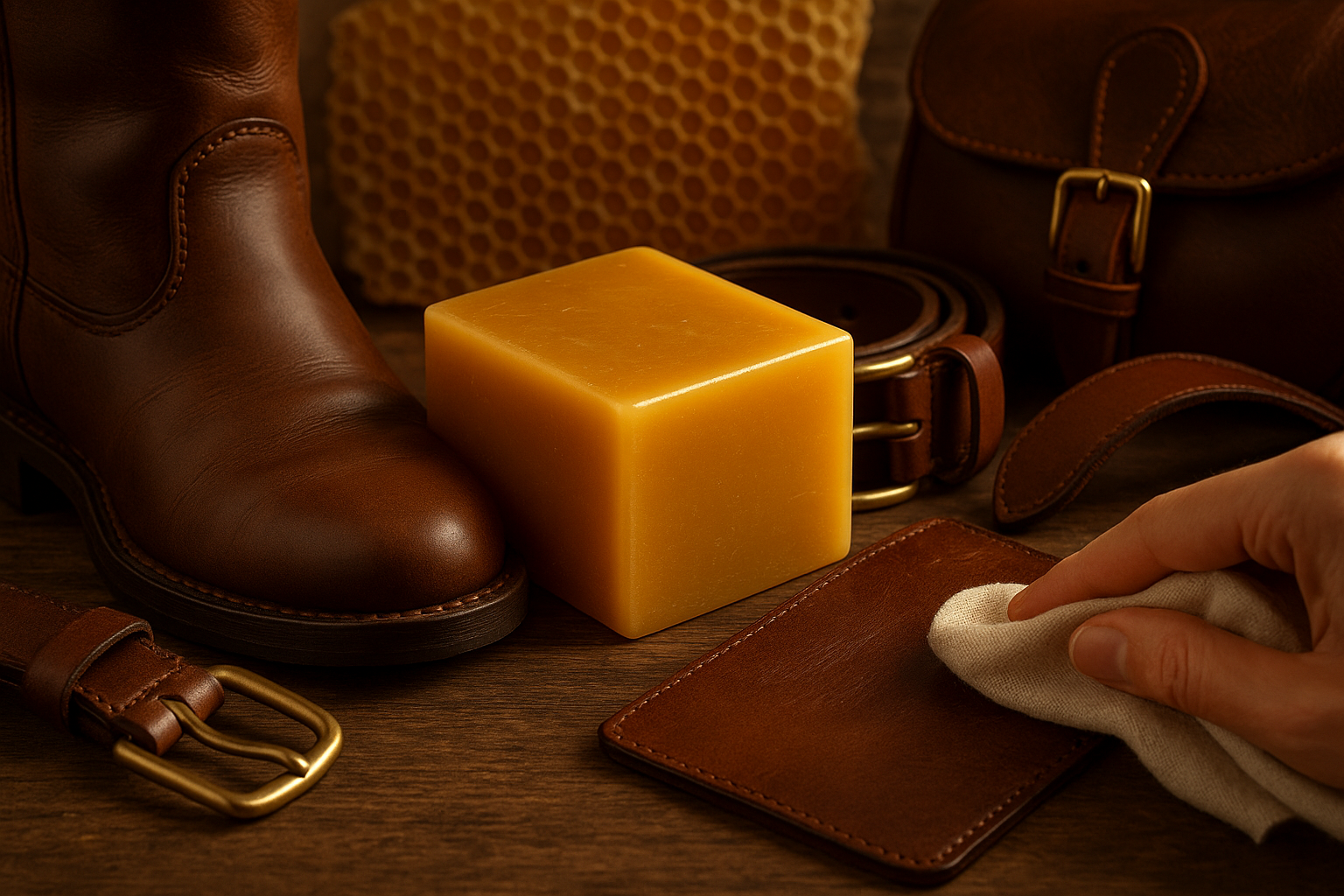 Beeswax for waterproofing and softening leather.